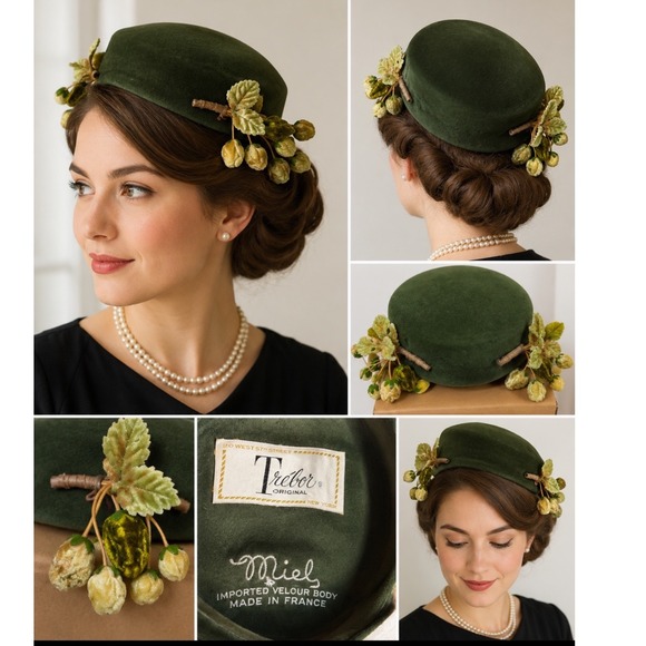 Trebor Original Accessories - Vintage Trebor Original Green Velour Pillbox Hat France Miel Velvet Leaves 50s